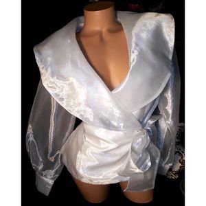 Vintage Wedding Puffy Sleeves Tie Shiny Blouse